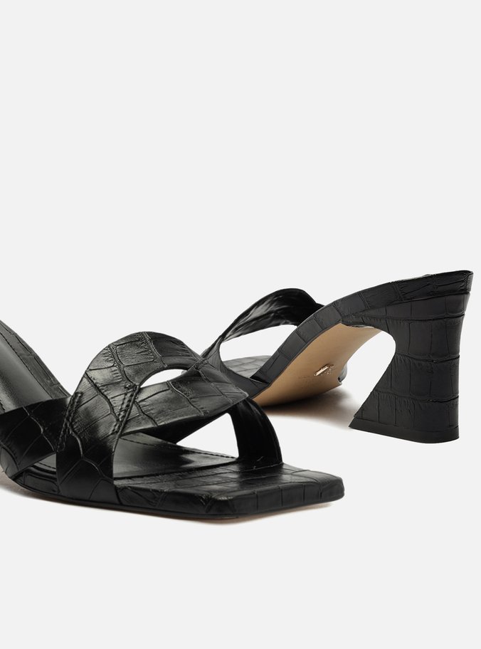 Sandália Preta Croco Bico Quadrado Flare