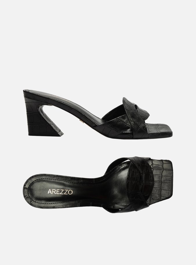 Sandália Preta Croco Bico Quadrado Flare